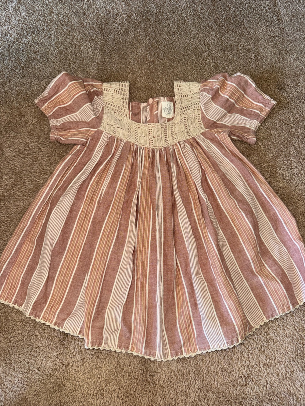 Striped Crochet Yoke Casual Dress for Girls - Rust Pink